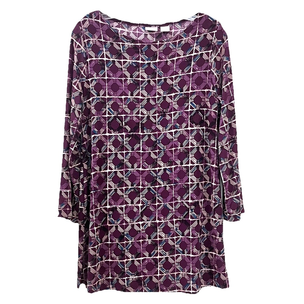 Chico's Travelers Womens Tunic Top Sz 4/6 Purple Geometric 3/4 Sleeve Round Neck